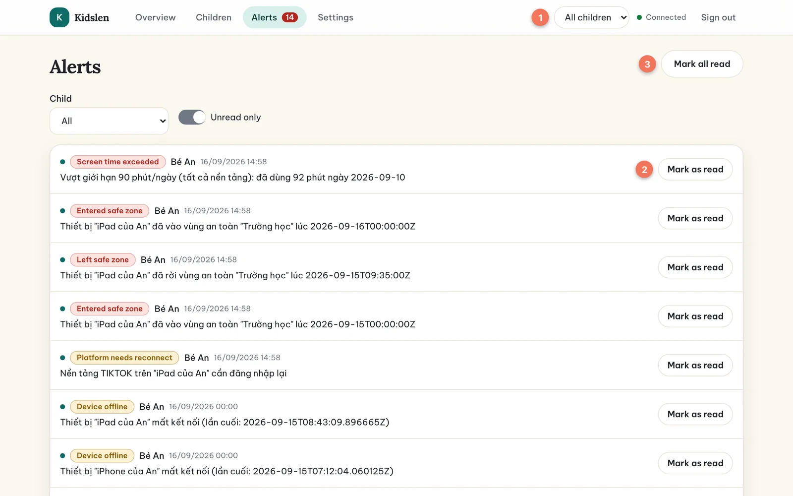 The Alerts page with the child filter (1), a “Mark as read” button on an unread alert (2) and the “Mark all read” button (3).