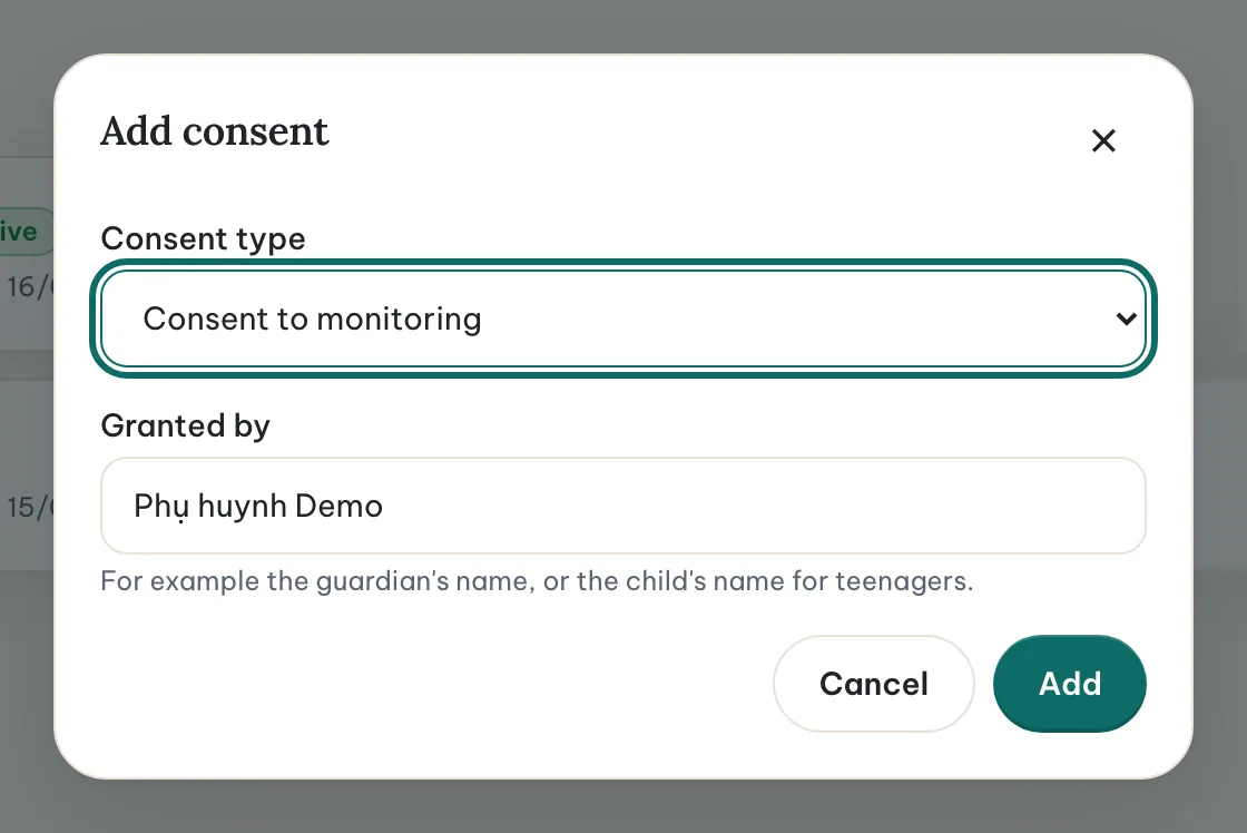 The Add consent dialog with the consent type selector and the “Granted by” field.