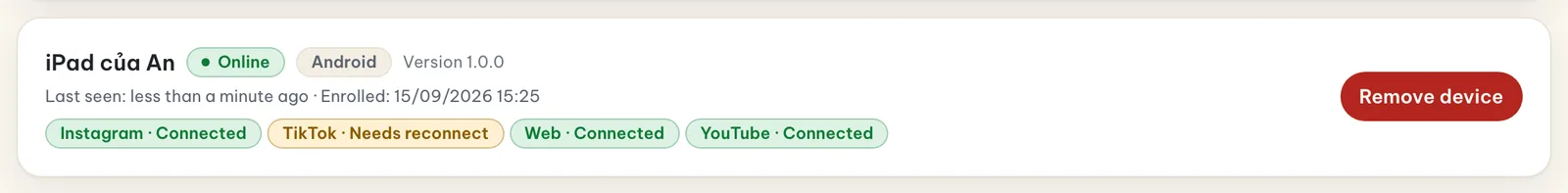 A device card in the Devices tab where TikTok is marked “Needs reconnect” while YouTube and Instagram are Connected.