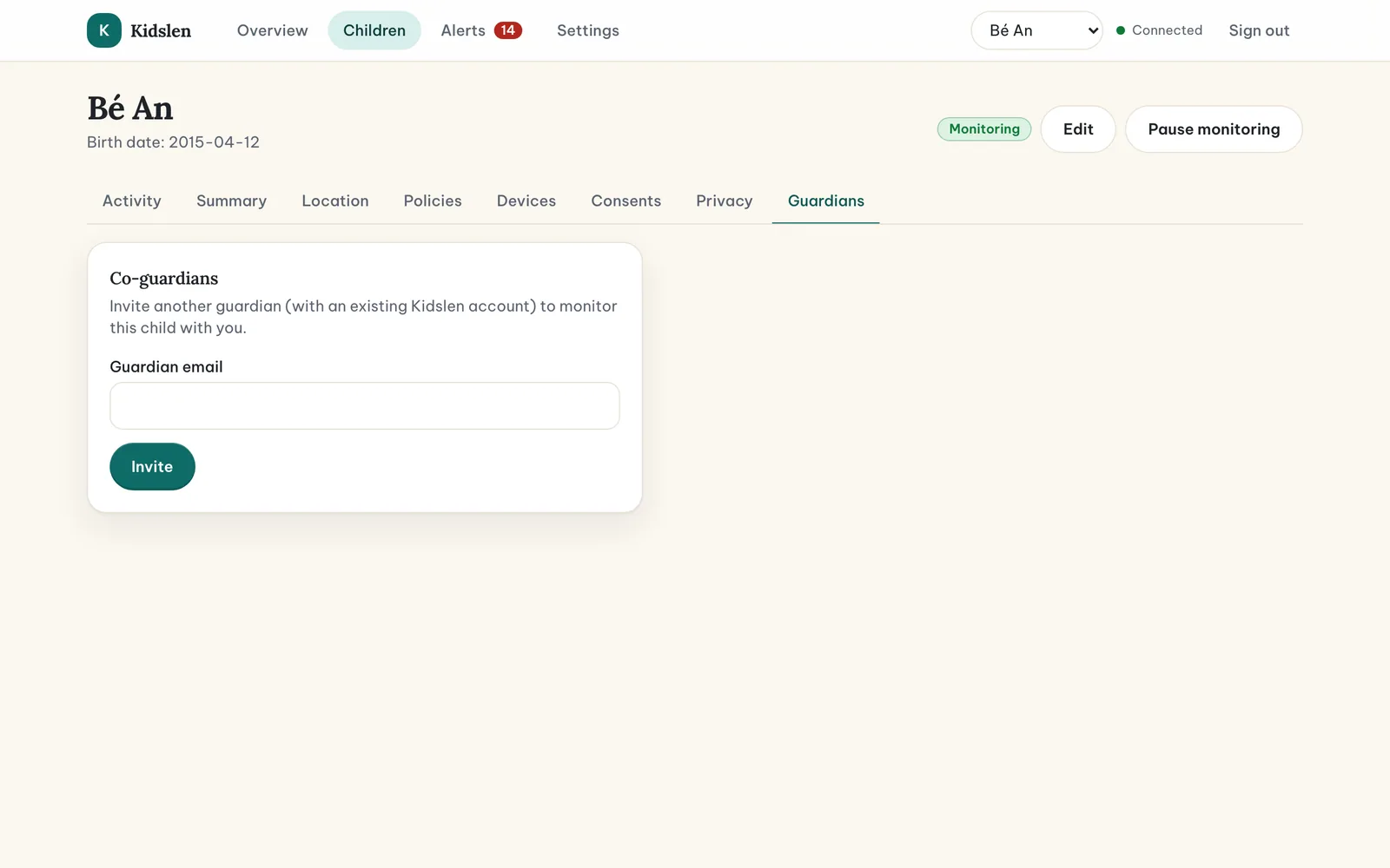 The Co-guardians tab with the email field and the Invite button.