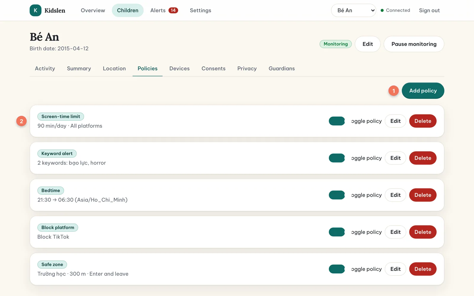 The Policies tab with the Add policy button (1) and the list of existing policies (2).