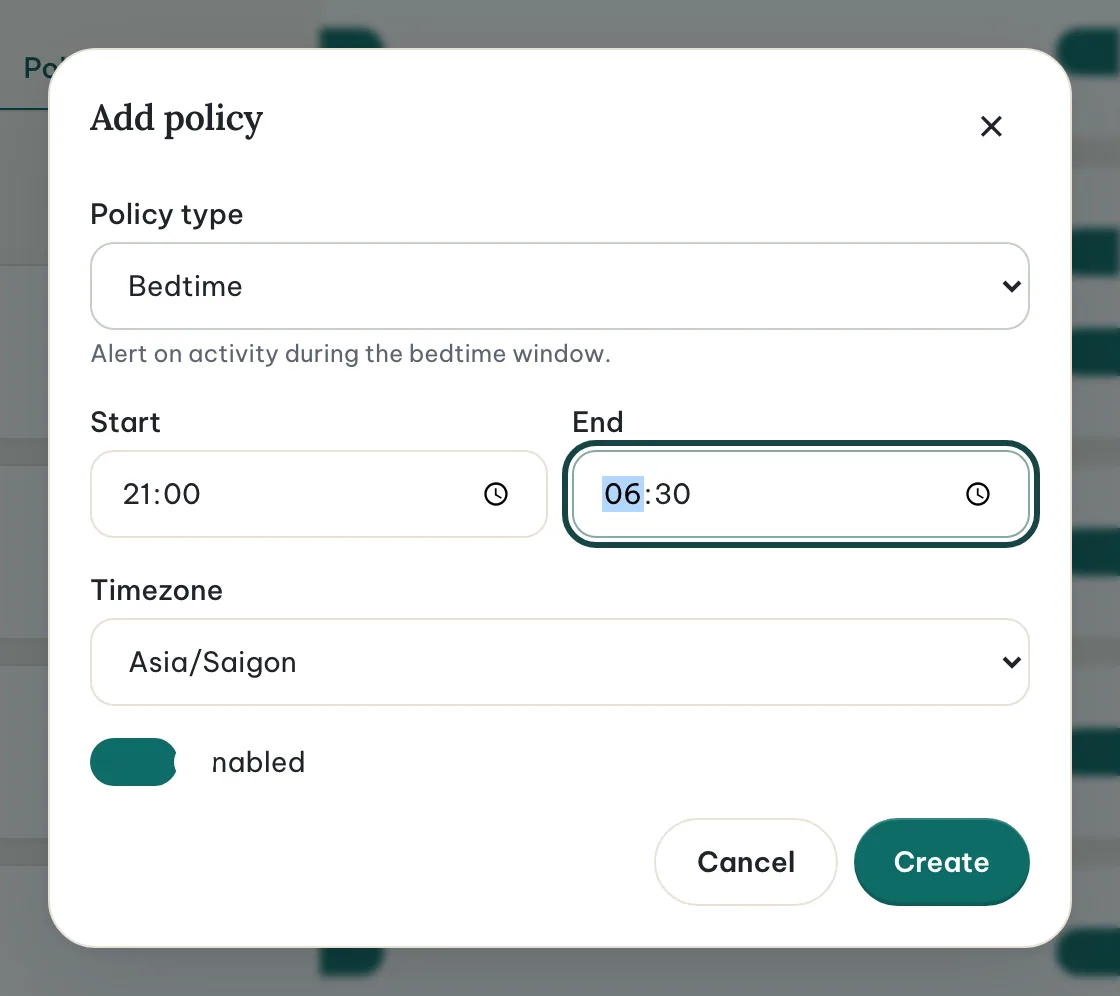 The Add policy dialog for a bedtime window from 21:00 to 06:30.
