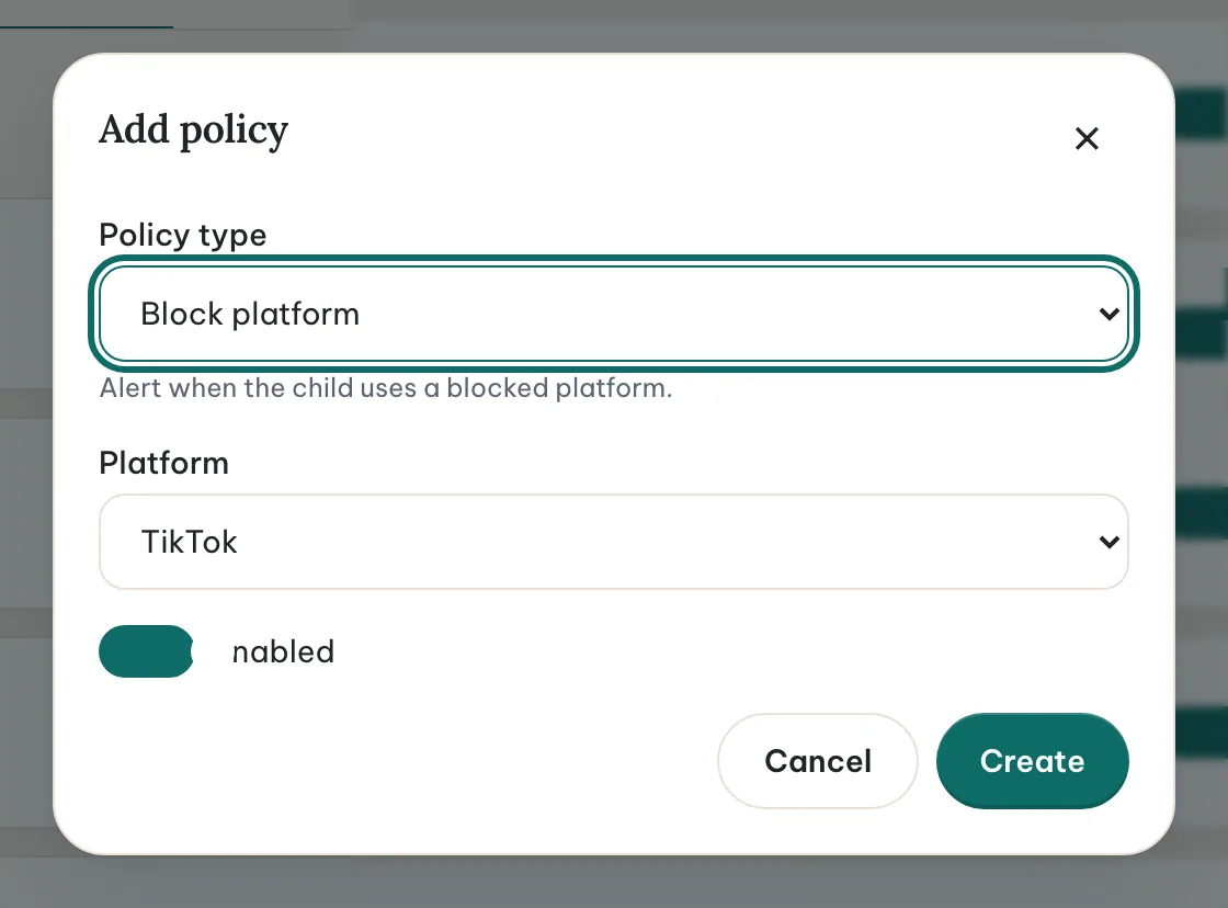 The Add policy dialog for blocking TikTok.