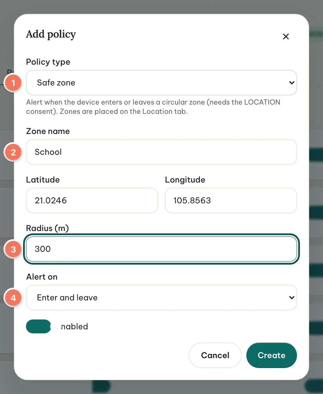 The Add policy dialog with the type Safe zone selected (1), the zone name (2), a radius of 300 m (3) and the “Alert on” selector (4).