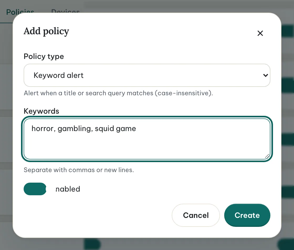 The Add policy dialog for keyword alerts with three keywords entered.