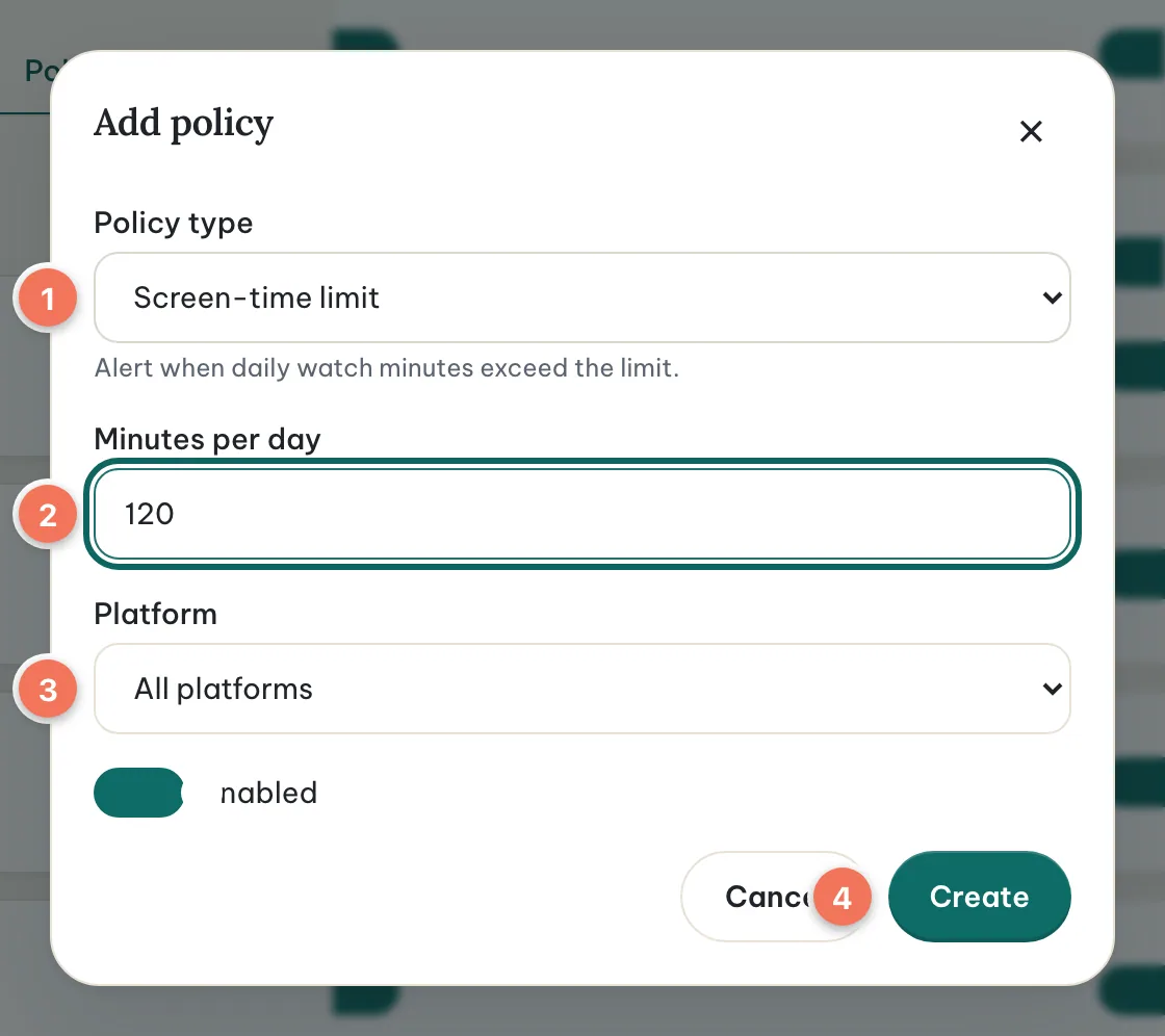 The Add policy dialog for a screen-time limit: type (1), minutes per day set to 120 (2), platform (3) and the Create button (4).