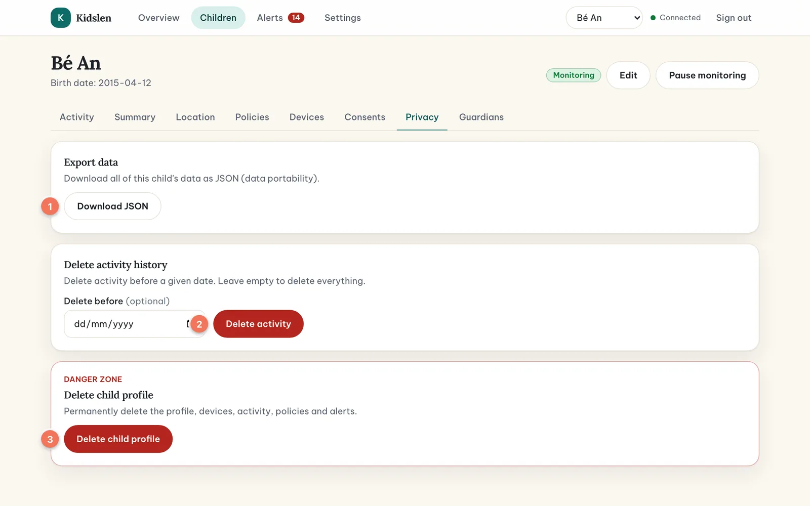 The Privacy tab with Download JSON (1), Delete activity (2) and Delete child profile (3).