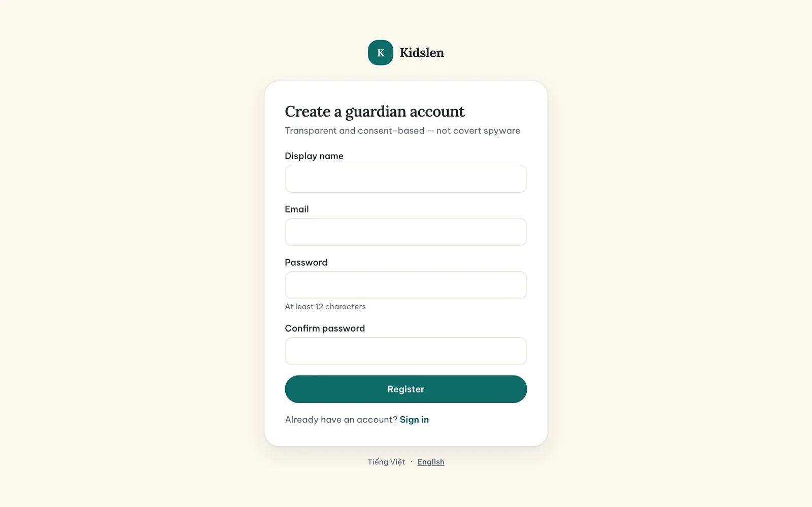 The Register form of the parent dashboard with display name, email, password and confirm-password fields.