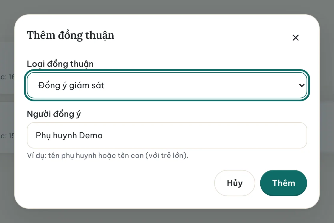 Hộp thoại Thêm đồng thuận với ô chọn loại đồng thuận và ô “Người cấp”.