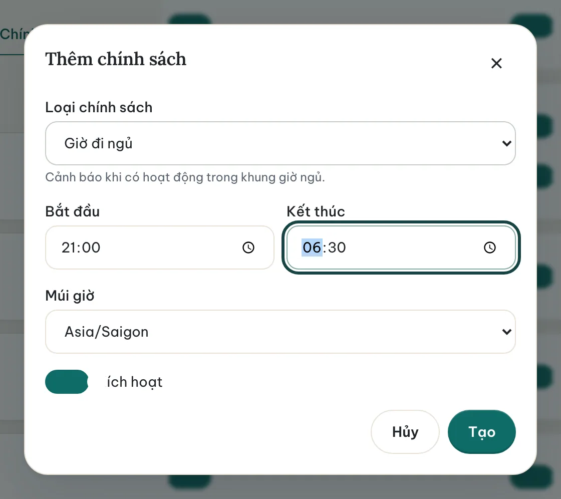 Hộp thoại Thêm chính sách cho khung giờ đi ngủ từ 21:00 đến 06:30.