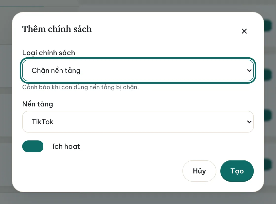 Hộp thoại Thêm chính sách để chặn TikTok.