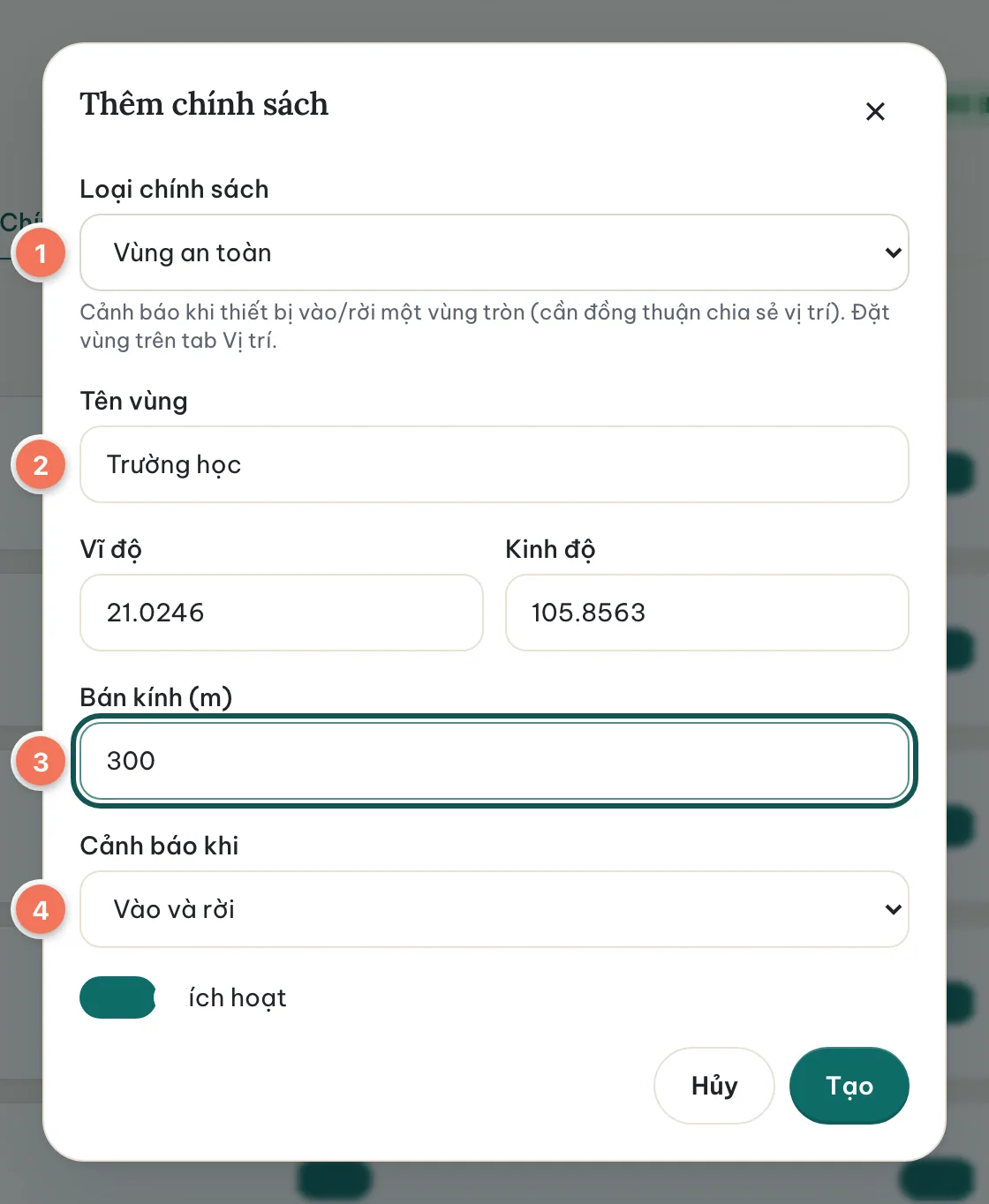 Hộp thoại Thêm chính sách với loại Vùng an toàn đã chọn (1), tên vùng (2), bán kính 300 m (3) và ô chọn “Cảnh báo khi” (4).