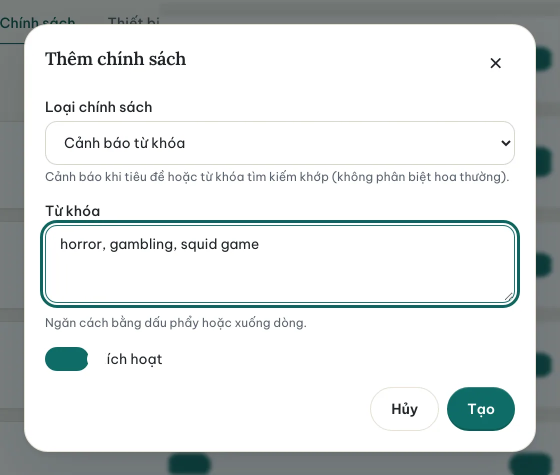 Hộp thoại Thêm chính sách cho cảnh báo từ khóa với ba từ khóa đã nhập.