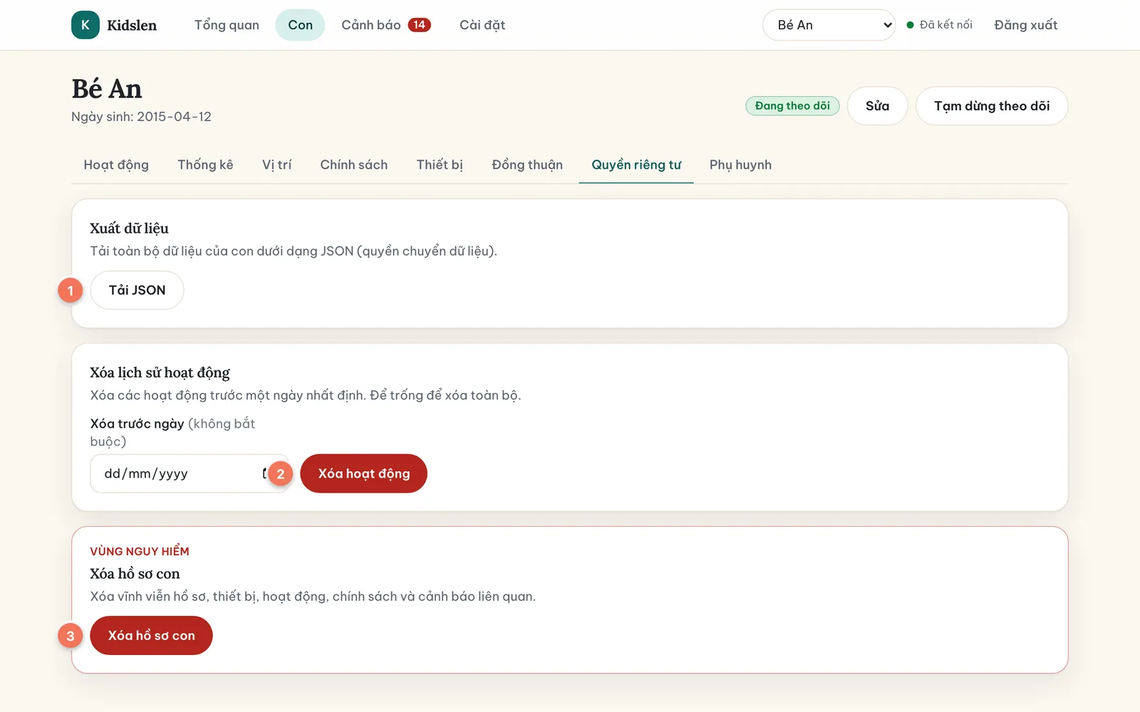 Tab Quyền riêng tư với Tải JSON (1), Xóa hoạt động (2) và Xóa hồ sơ con (3).